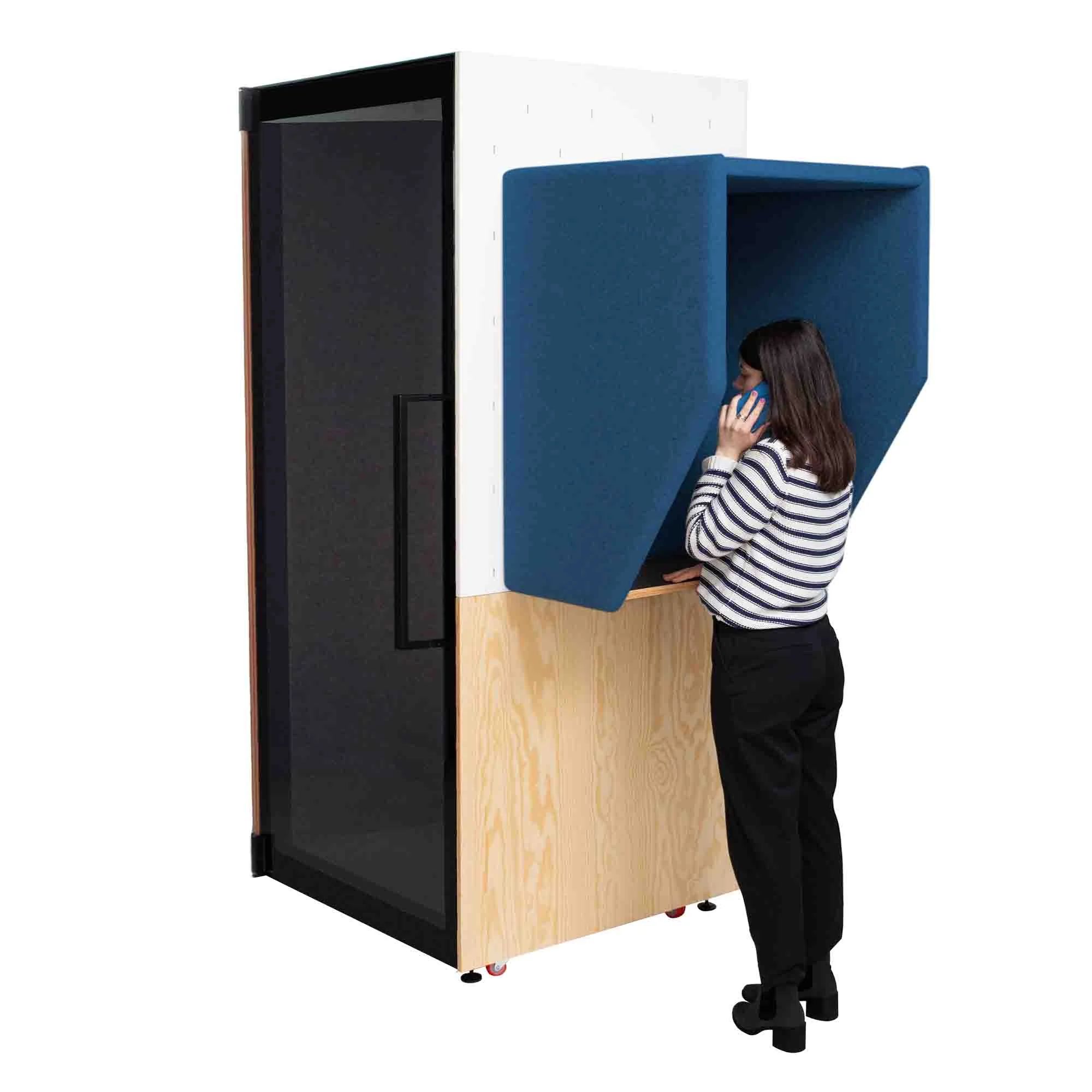 Blue acoustic phone hood mounted to the side of an ARS Kameleon booth