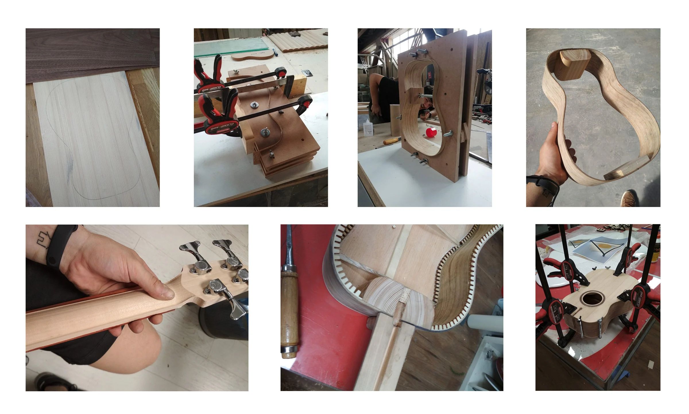 Process montage showing the woodworking steps used to build the acoustic uke-bass