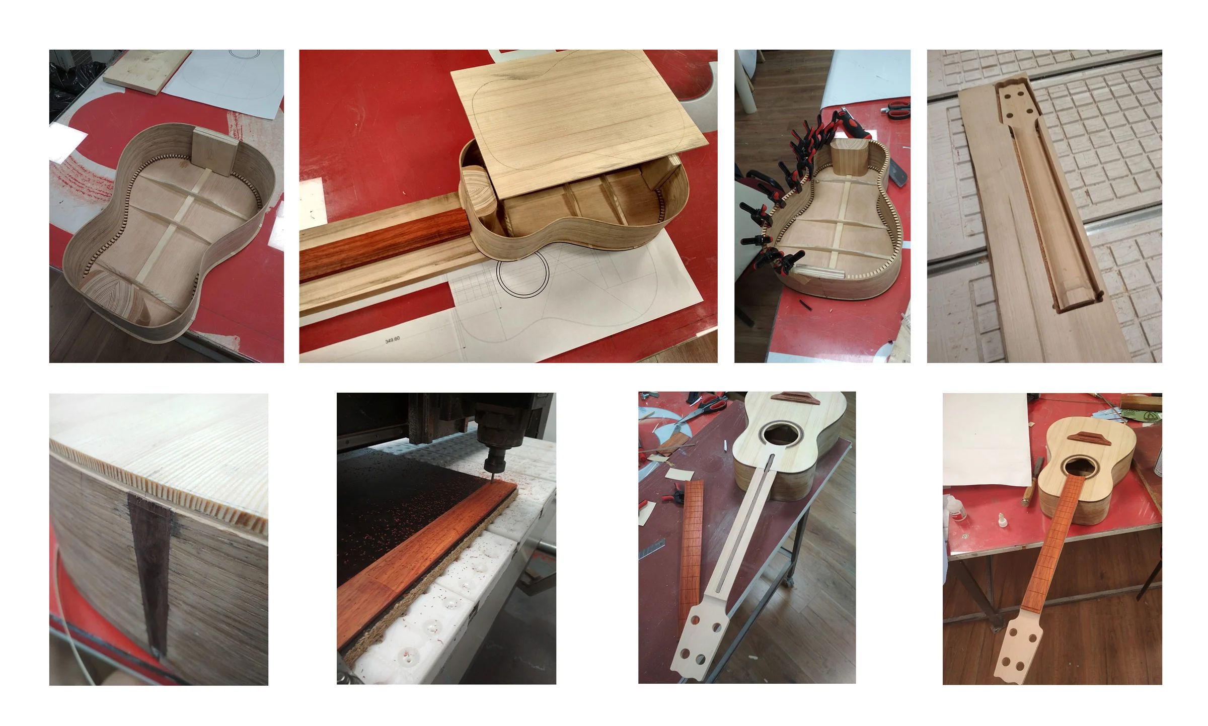 Process montage showing machining and assembly of the acoustic uke-bass