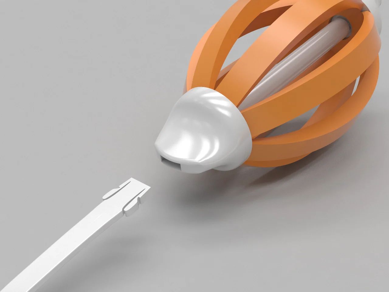 Close-up rendering of the fork head and elastic orange handle