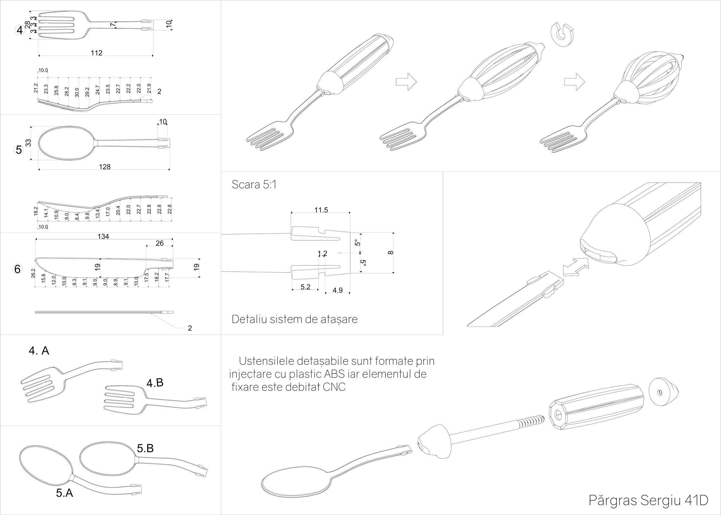 Technical drawings and mechanism diagram for the adaptive utensil system