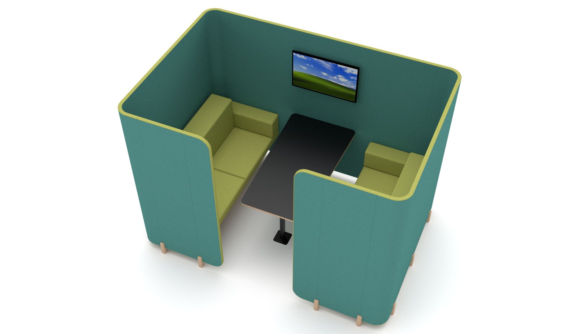 Modular acoustic panels forming an enclosed meeting room with integrated seating