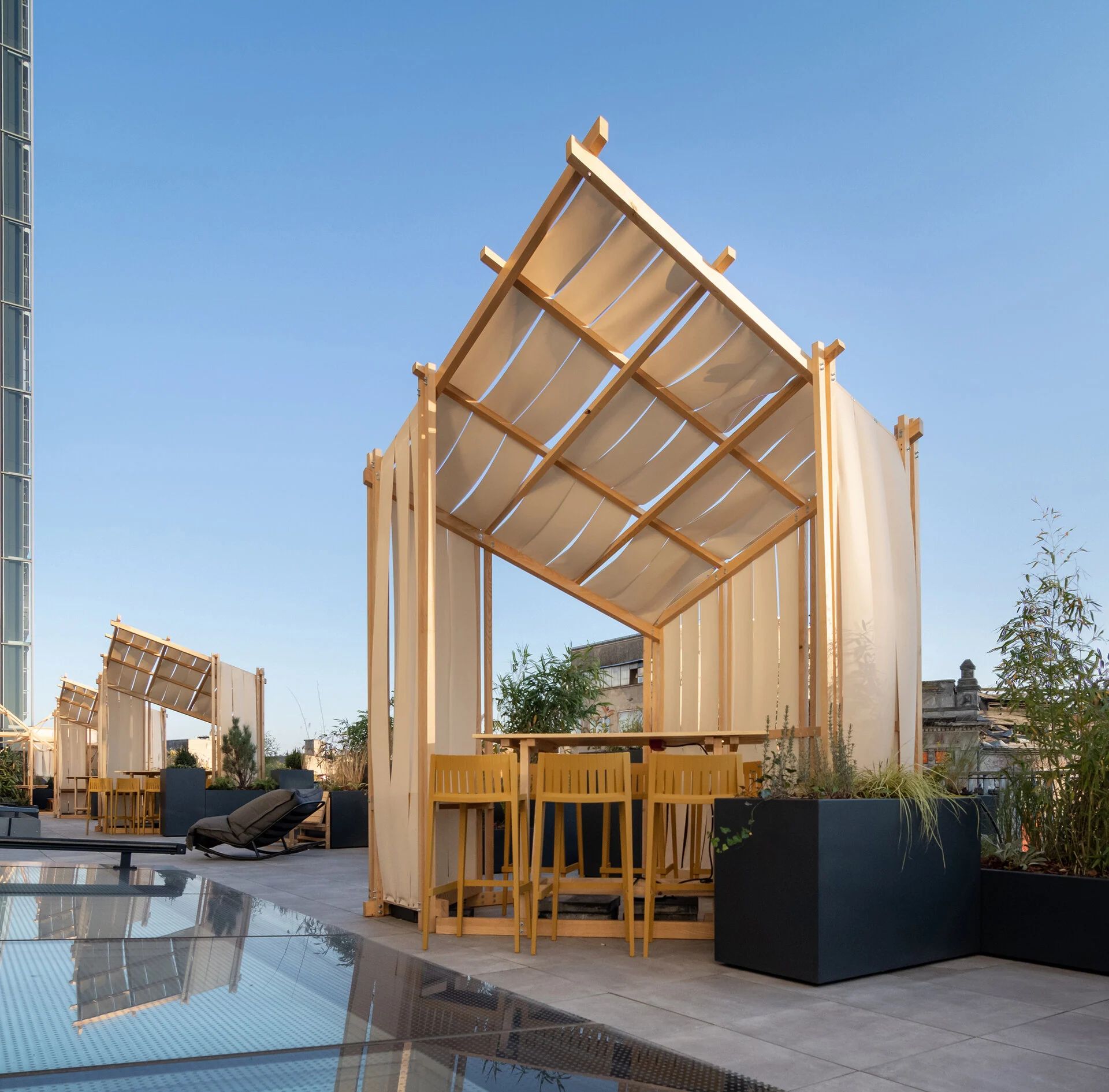 Terrace workspace pavilion built from solid white ash