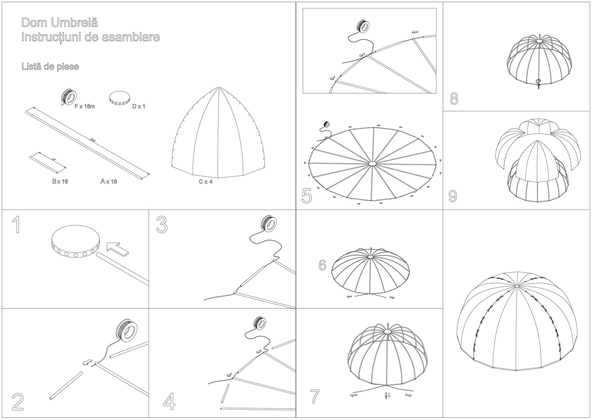 Umbrella dome structure assembled outdoors at camp