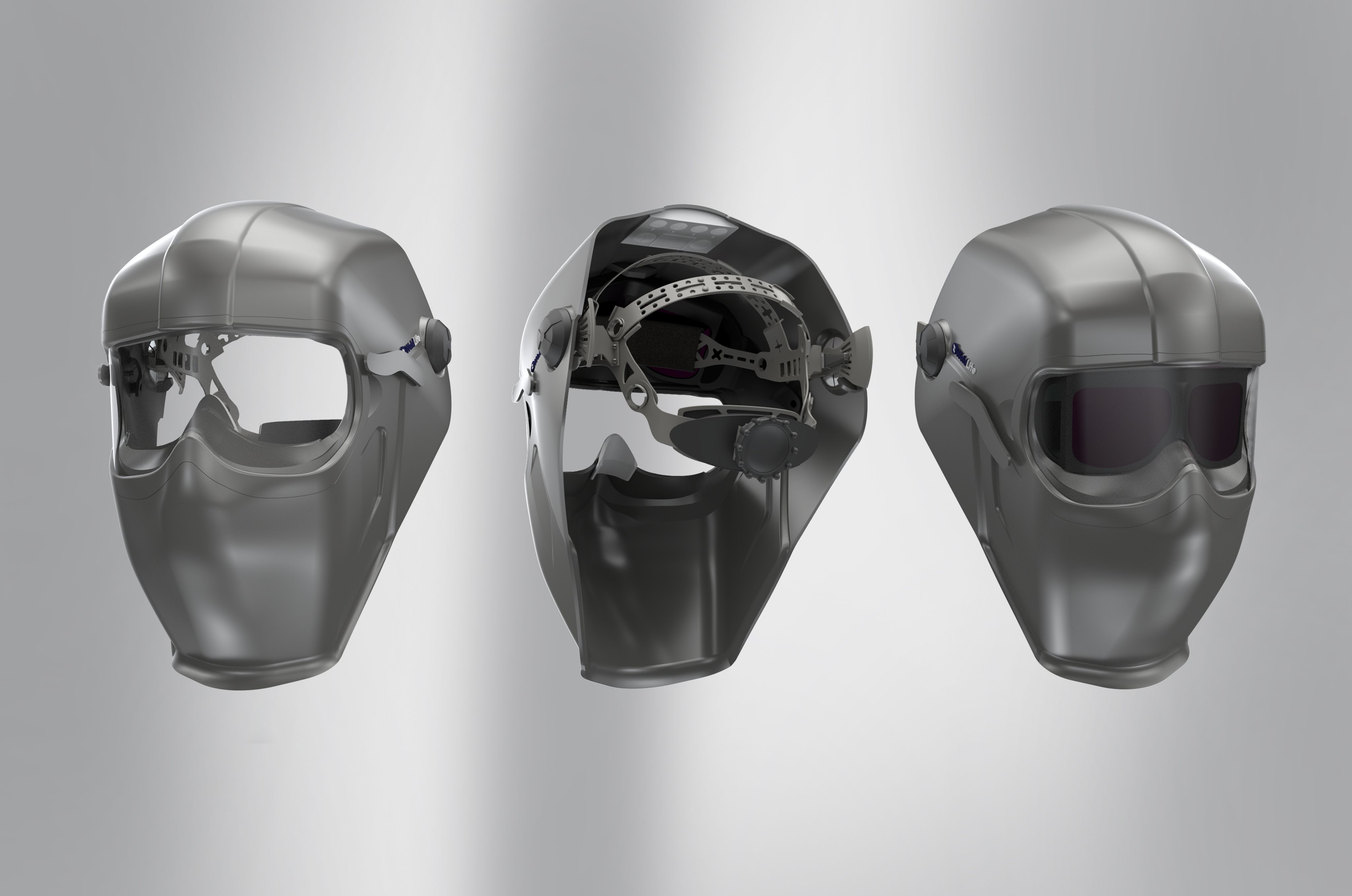 Three front and interior views showing the WeldLite shell, visor, and adjustable harness