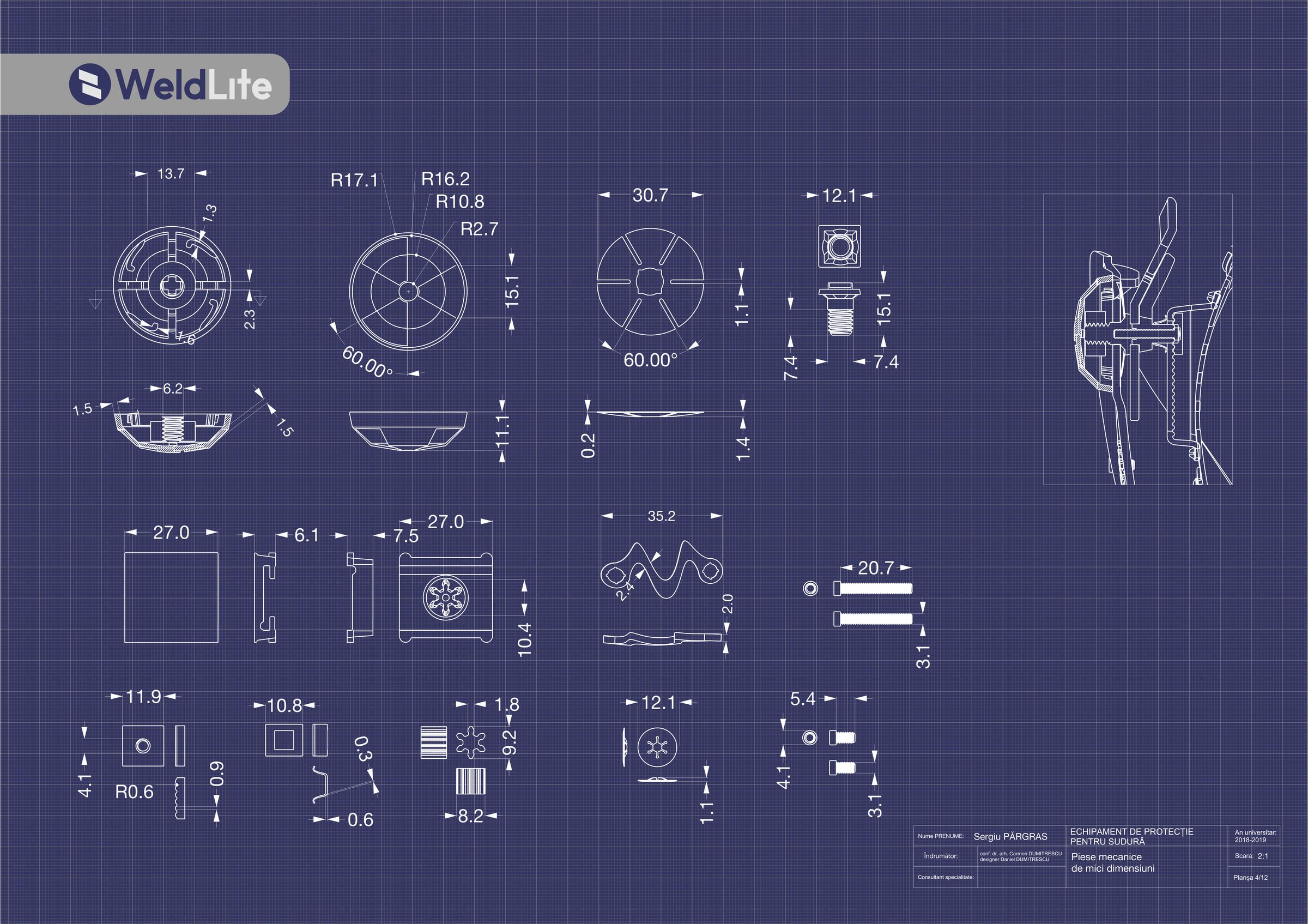Dimensioned technical drawings of WeldLite helmet components