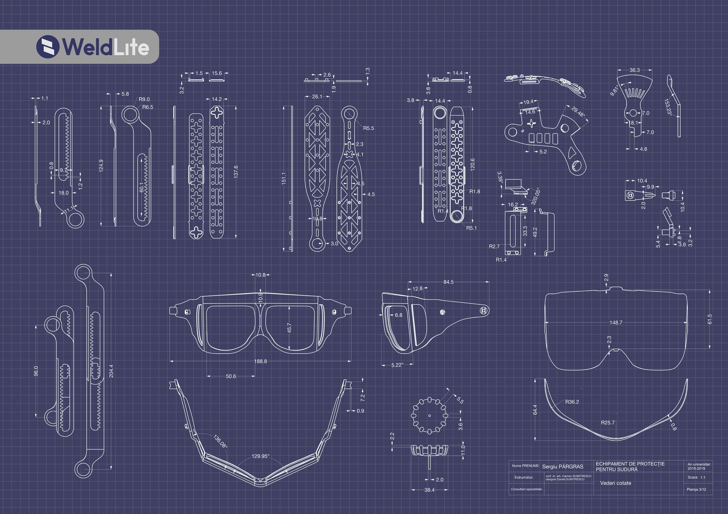 Technical drawings showing WeldLite visor and shell components