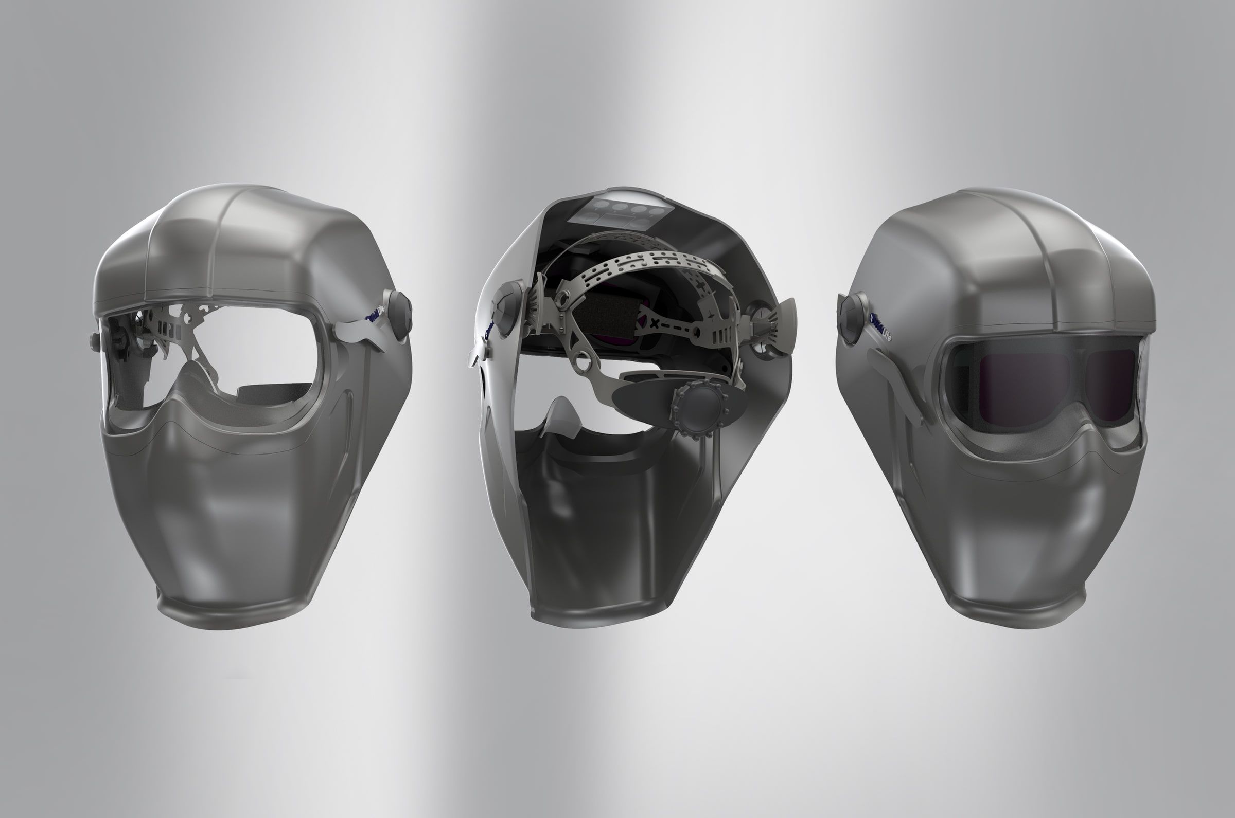 Three front and interior views showing the WeldLite shell, visor, and adjustable harness