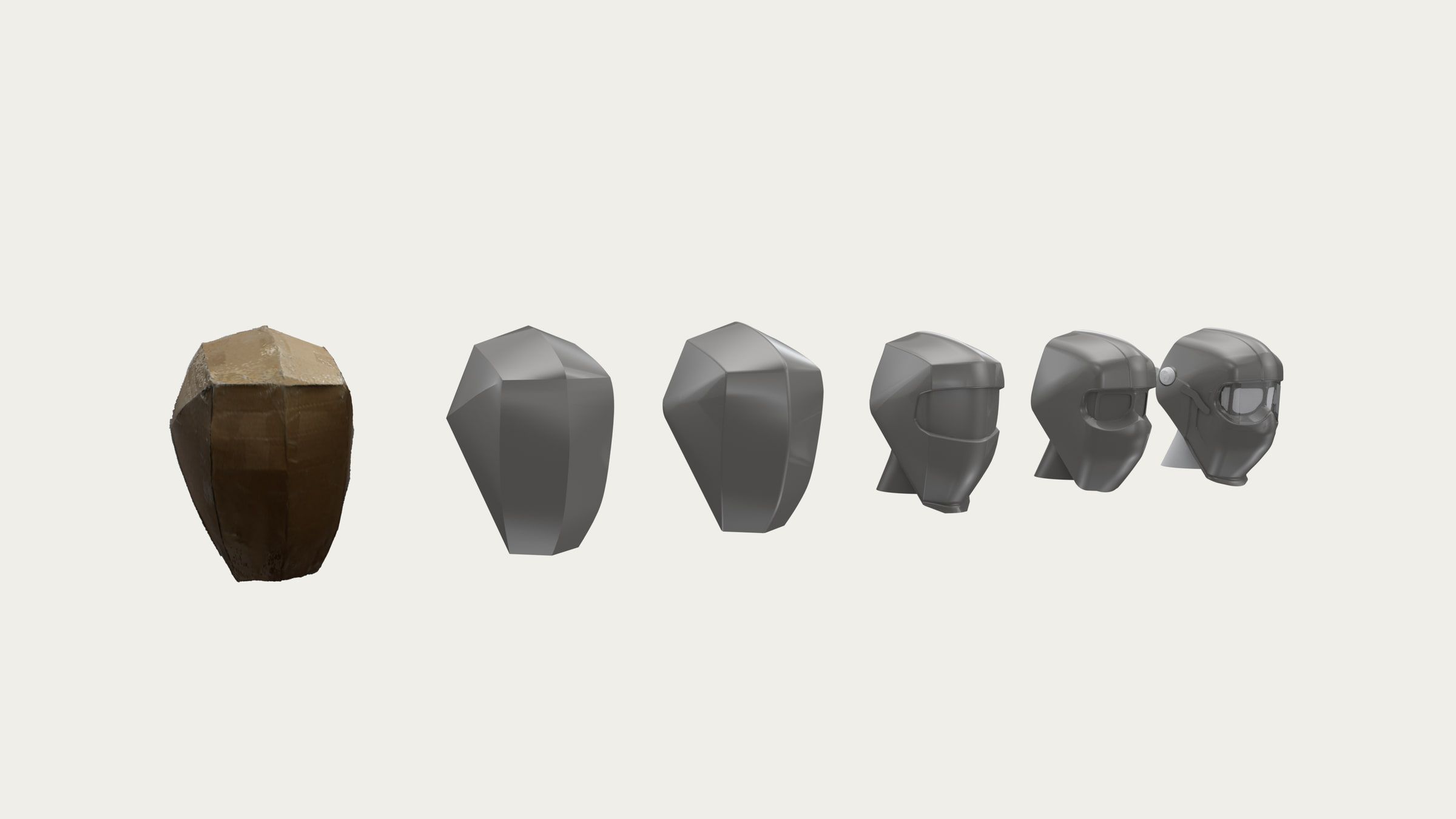 WeldLite helmet form evolving from a cardboard volume study into refined digital models