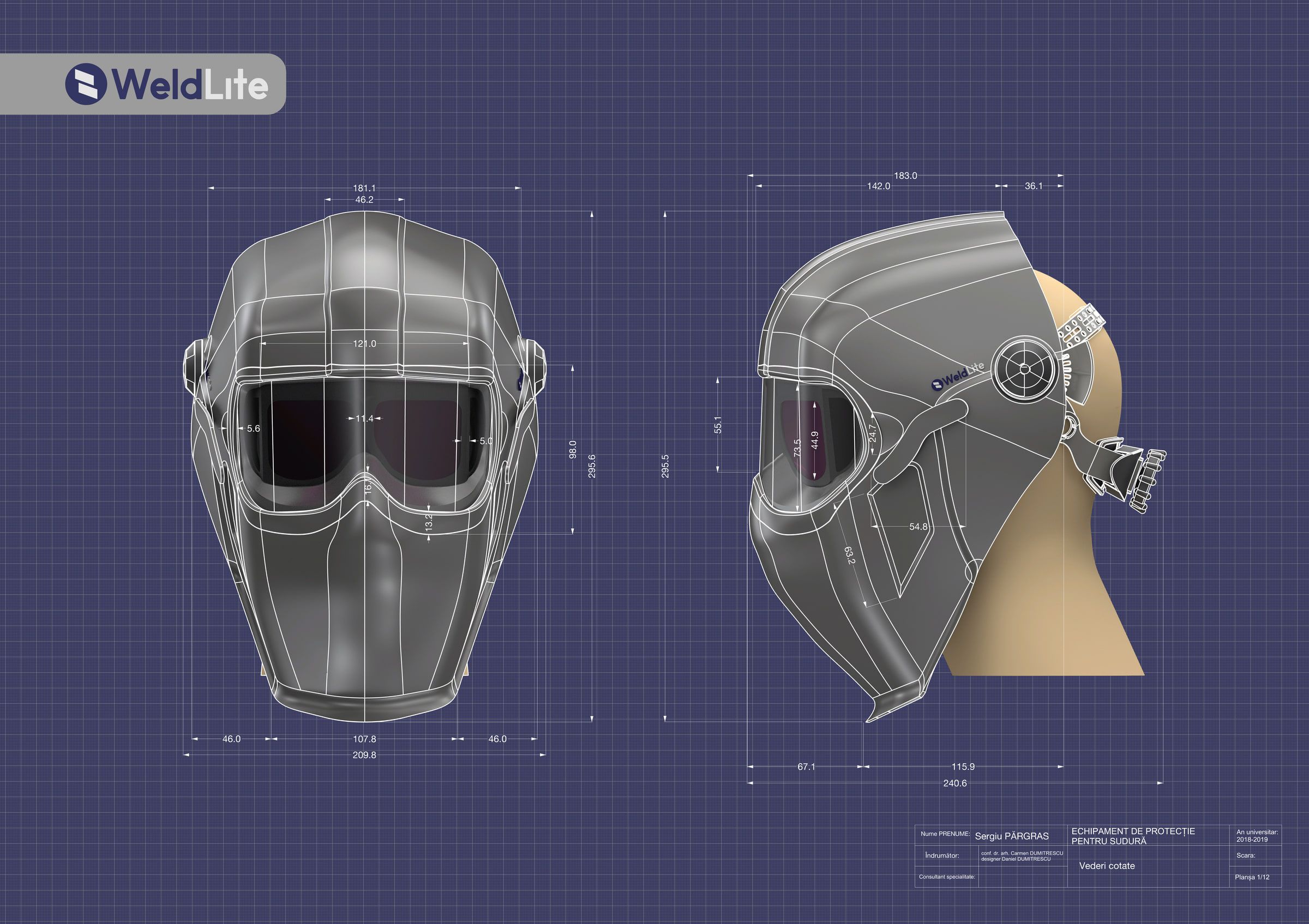 Front and side technical views defining the proportions of the WeldLite helmet