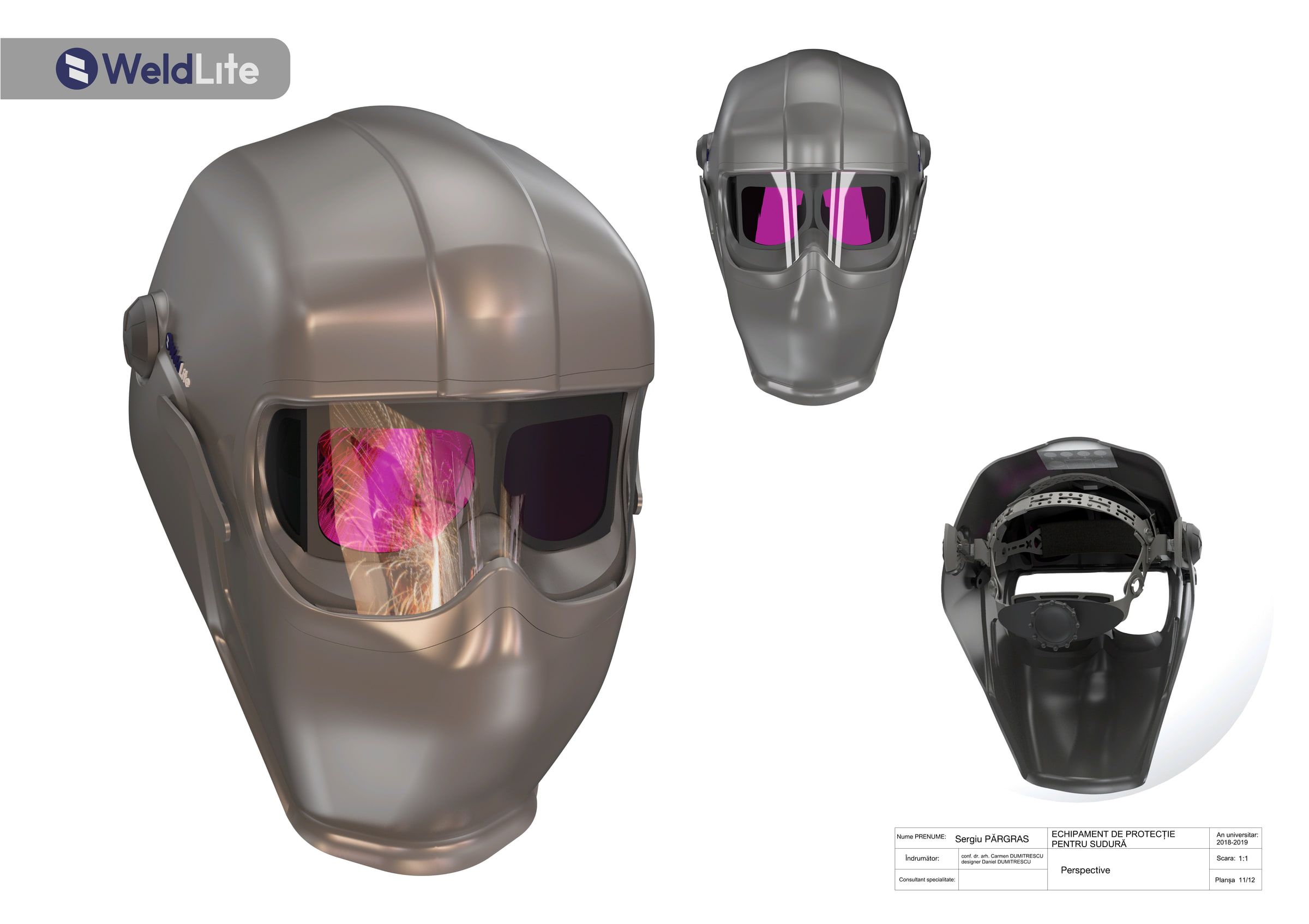 Rendered front, perspective, and interior views of the completed WeldLite helmet