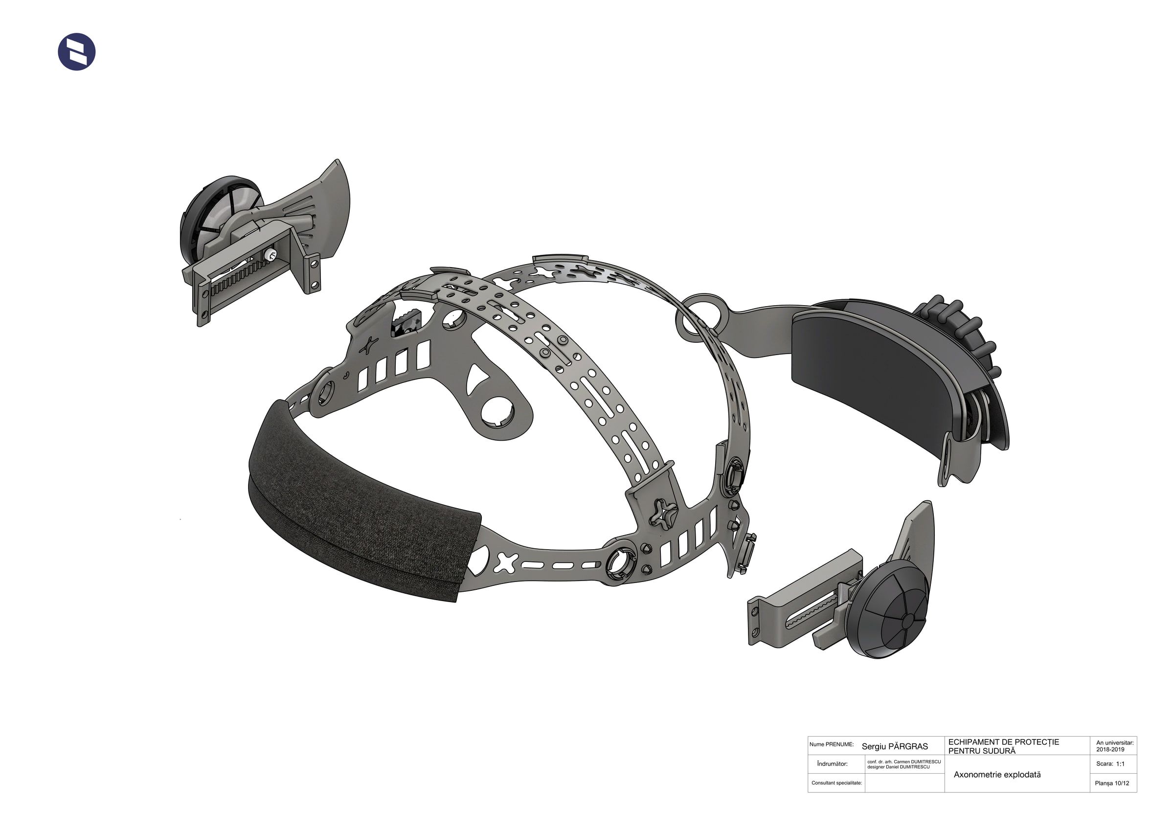 Exploded rendering of the adjustable WeldLite internal head harness