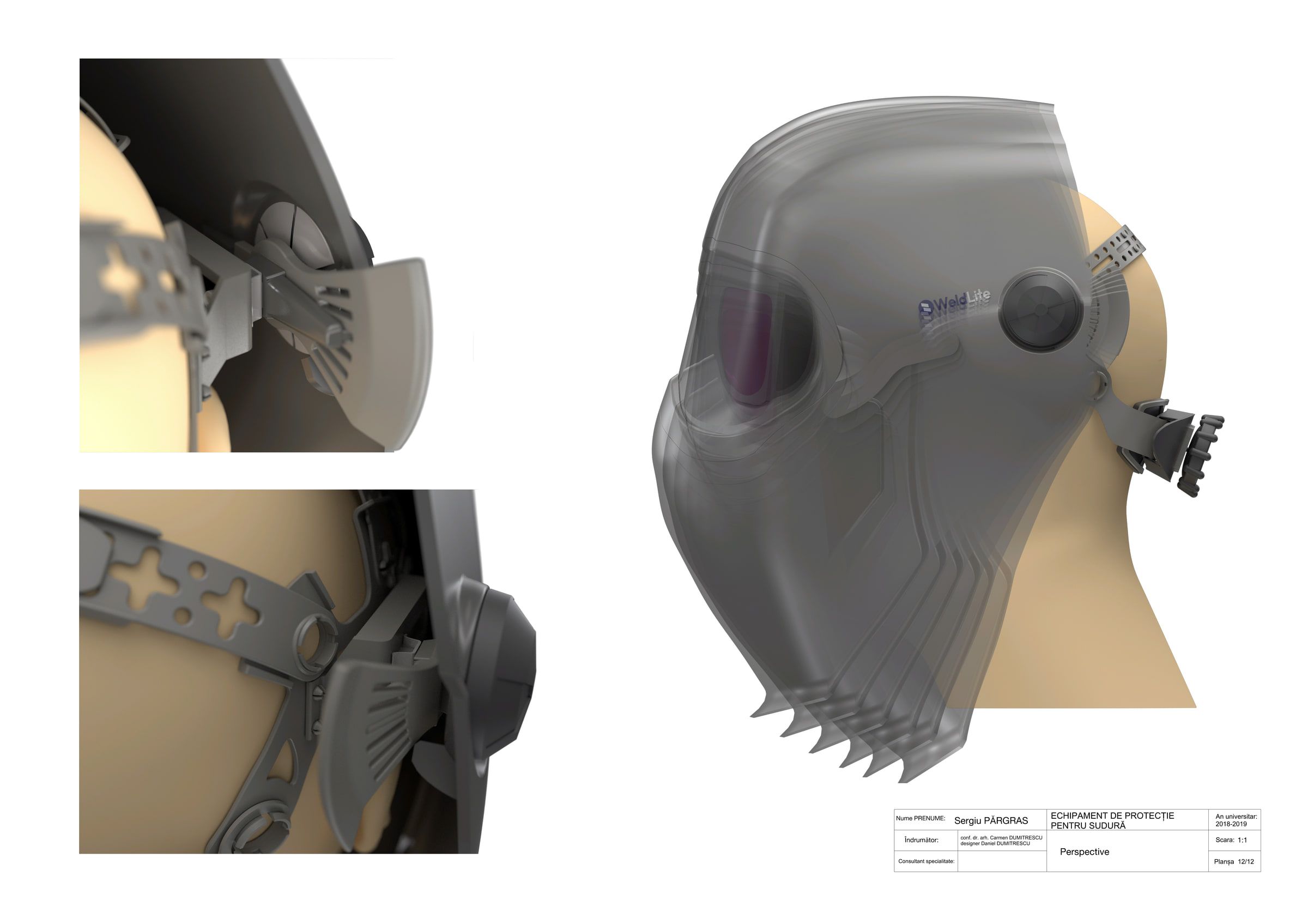 Detailed renderings of the WeldLite pivot, locking mechanism, and adjustable shell