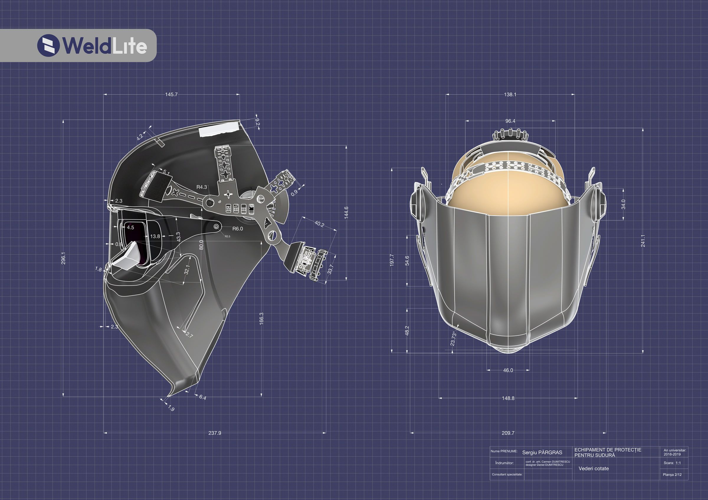 Side and rear technical views defining the dimensions of the WeldLite helmet