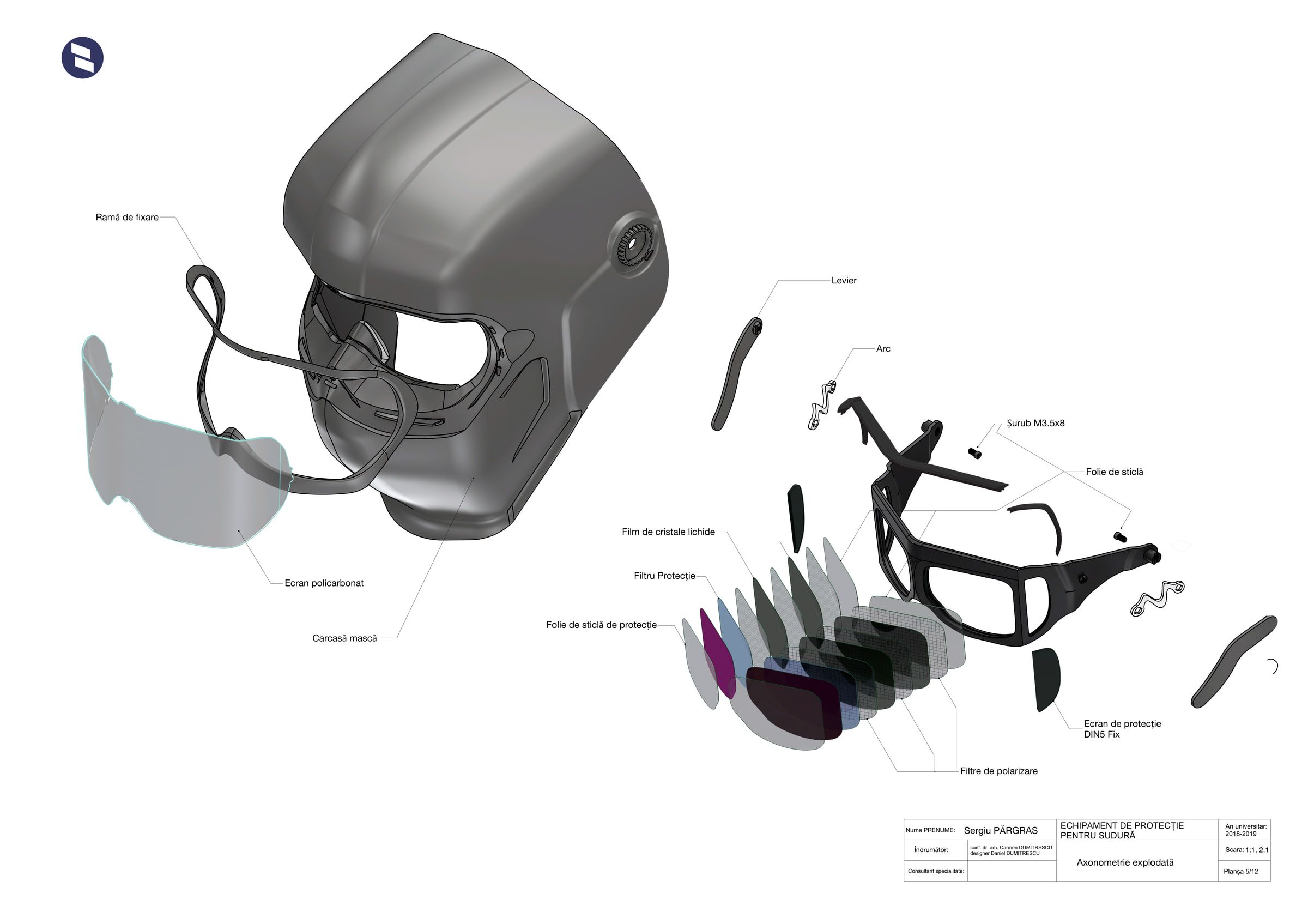 Exploded view of the WeldLite modular visor and protective layers